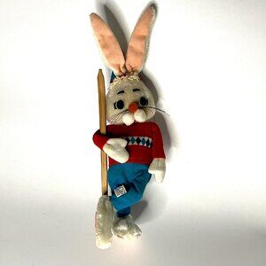 Vintage 50s 60s Ski Bunny Rabbit 12" Plush Dakin Dream Pets Blue Red wood skiis